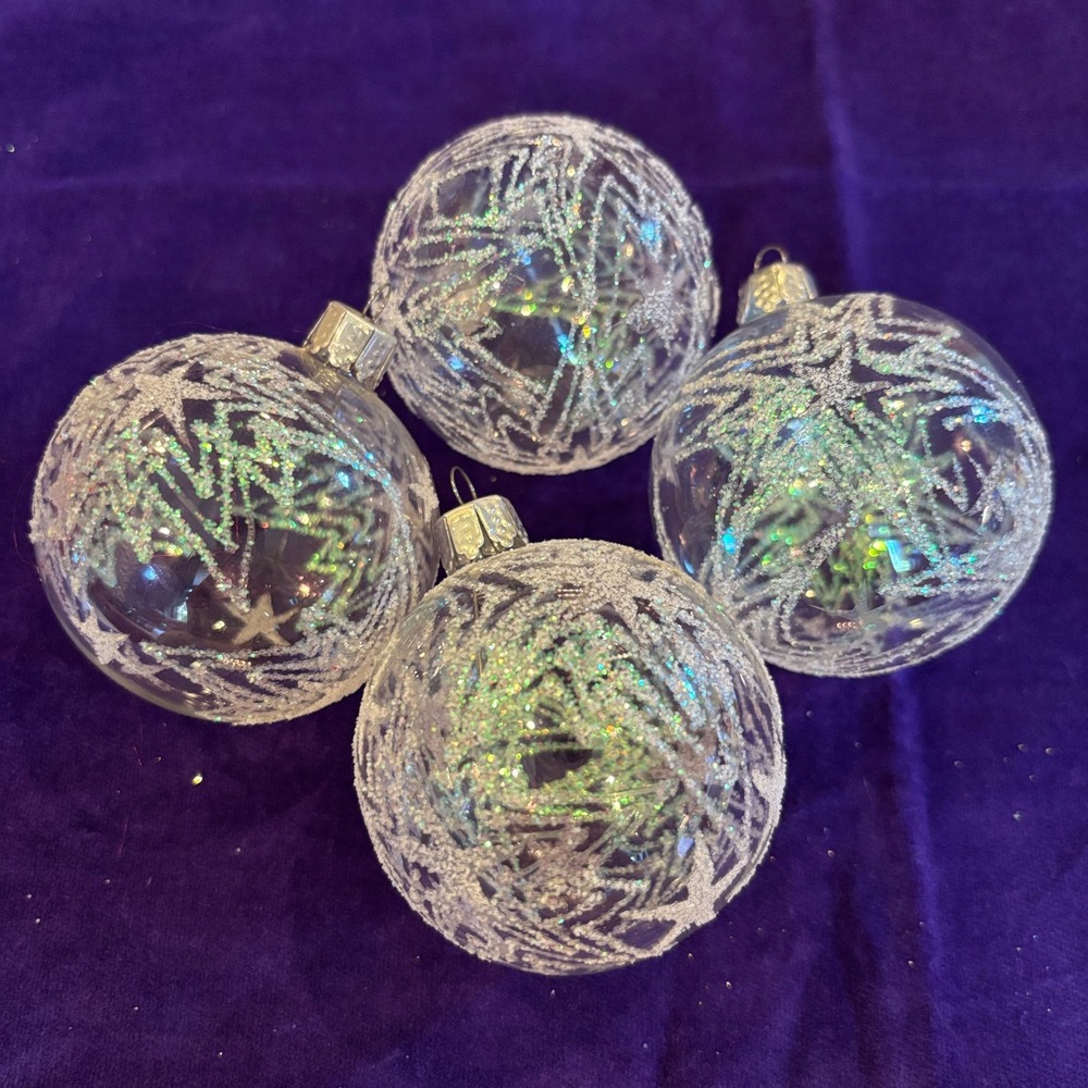 Vintage Iridescent Frosted Star Glitter Glass Ball Christmas Ornaments Set of 4